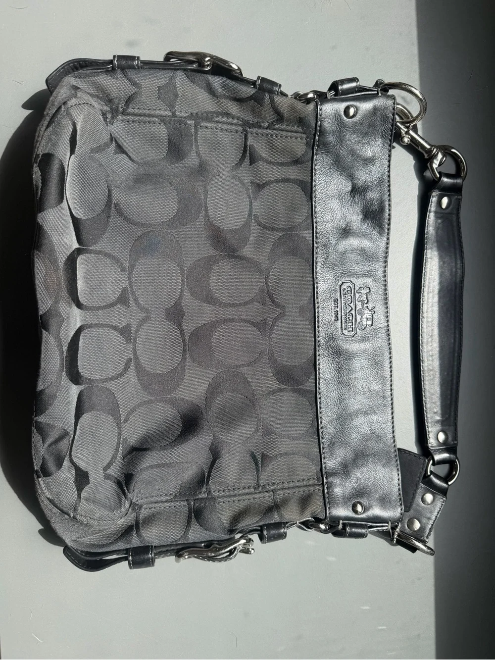 Coach Black Signature Jacquard Shoulder Bag with Leather Trim